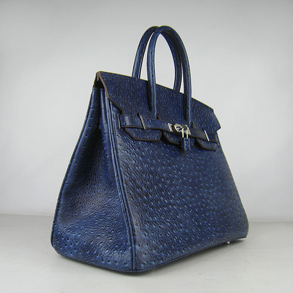 High Quality Fake Hermes Birkin 35CM Ostrich Veins Handbag Dark Blue 6089